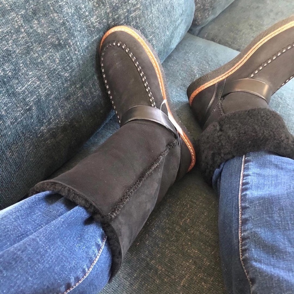 Coach Moto Shearling Women Winter Boots Turn Lock Harness Black Suede Size 5 New - Picture 4 of 12